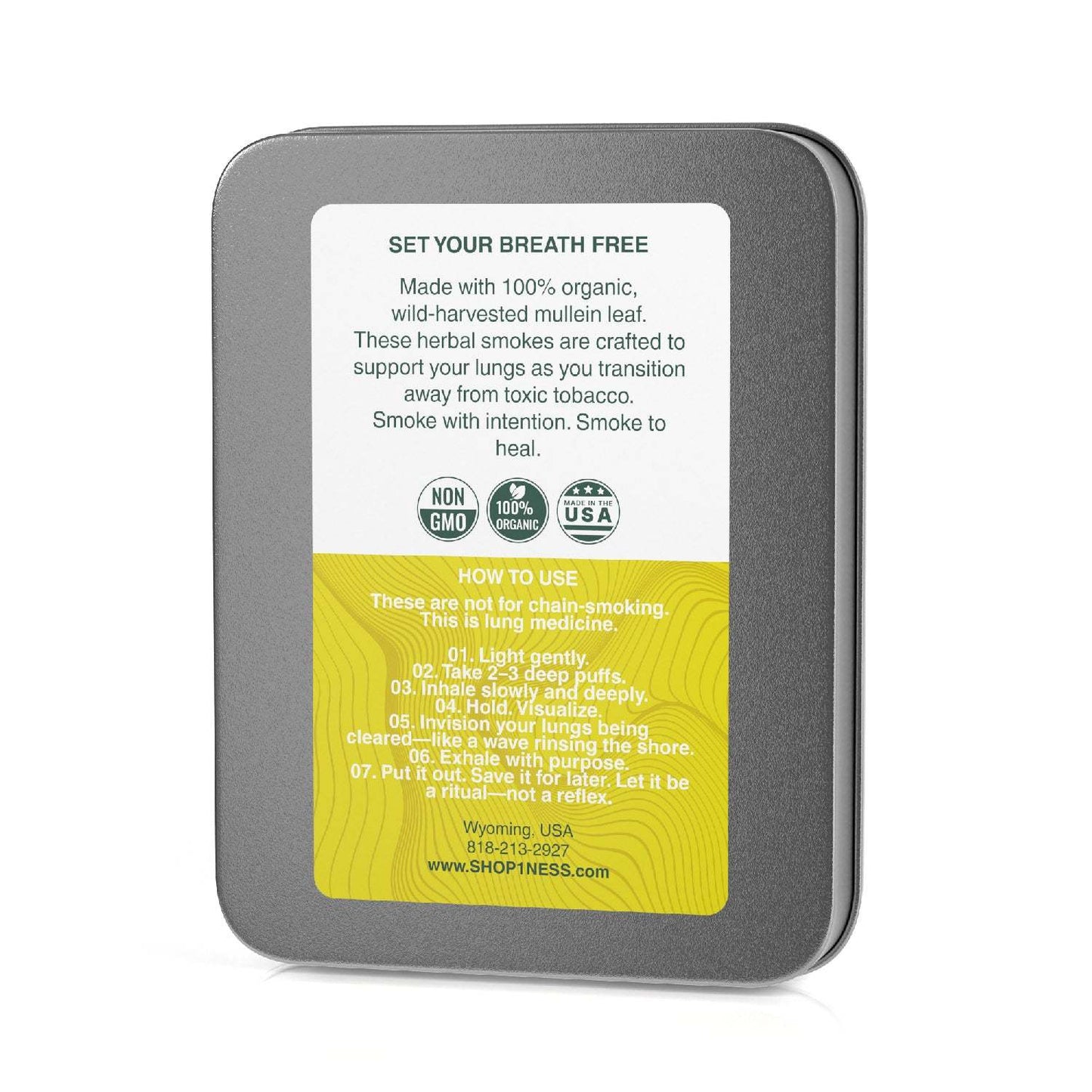 1NESS® Mullein herbal cigarettes for relaxation and cough relief in a tin package