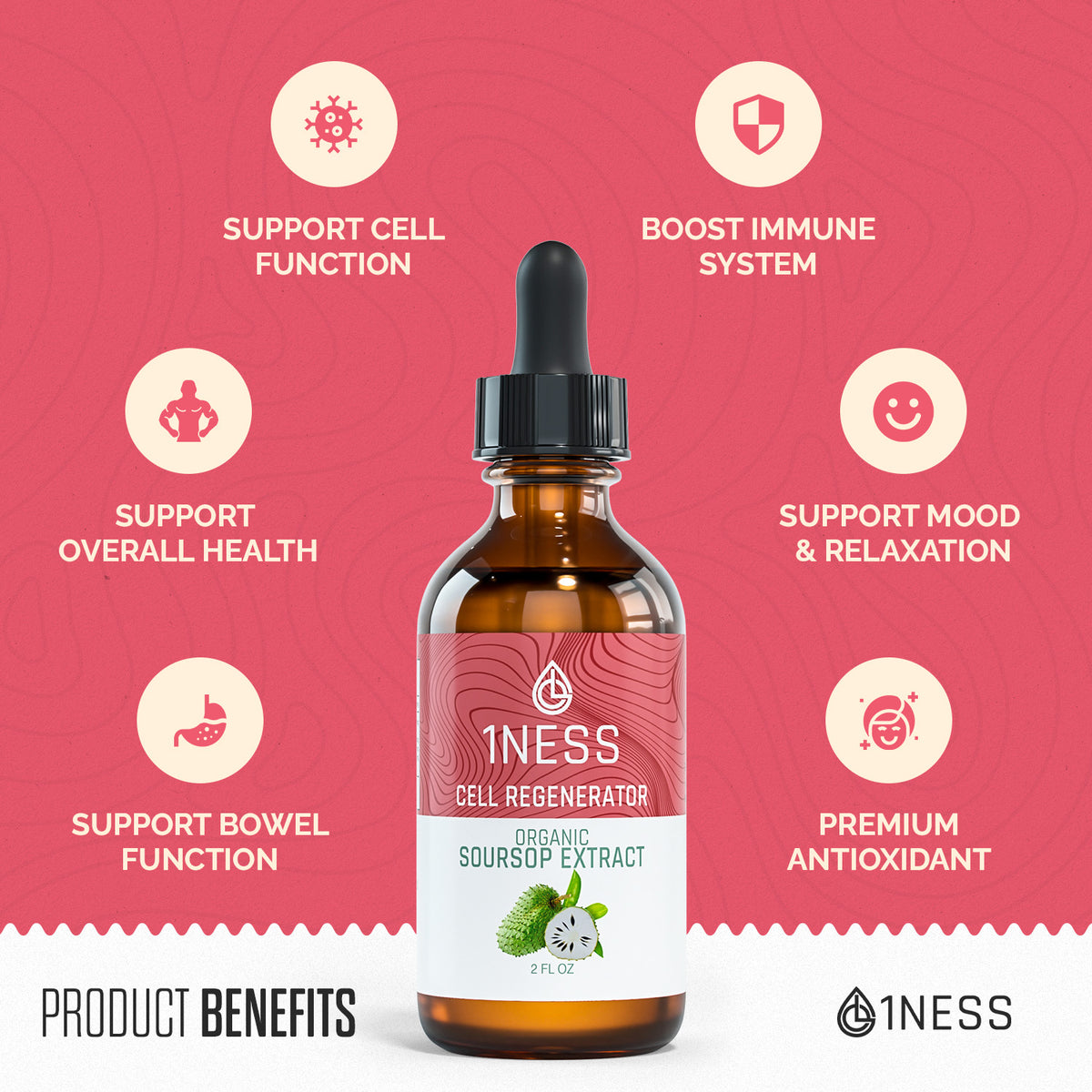 1NESS® Organic Soursop Extract for Cell Regeneration – Graviola Fruit & Leaf Formula (2oz)