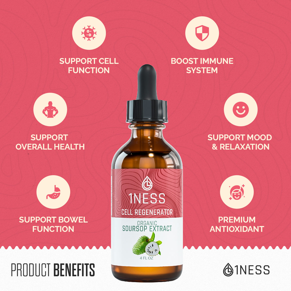 1NESS® Soursop Extract for Cell Regeneration – Graviola Fruit & Leaf Drops (4oz)