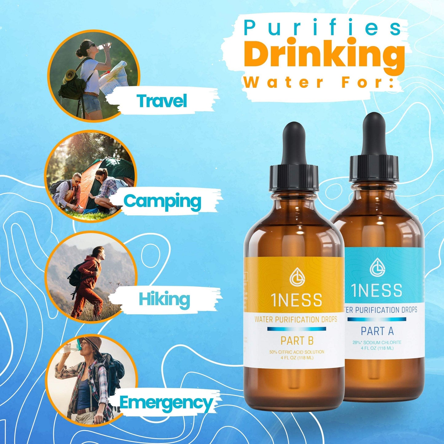 Chlorine Dioxide 4oz Water Purification Kit with Glass Bottles and Citric Acid Activator for Safe water at home