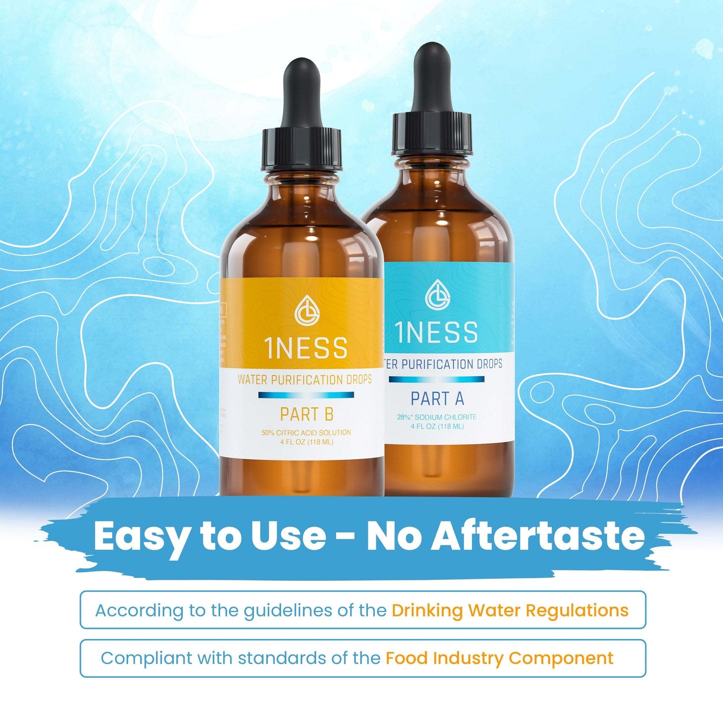 Chlorine Dioxide 4oz Water Purification Kit with Glass Bottles and Citric Acid Activator.