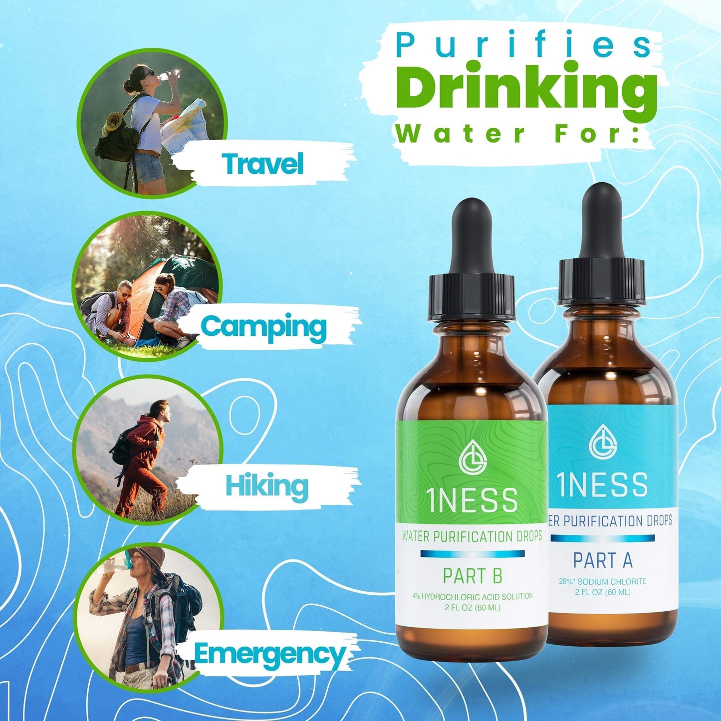 Chlorine Dioxide 2oz Water Purification Kit With Hydrochloric Acid Activator for treating water