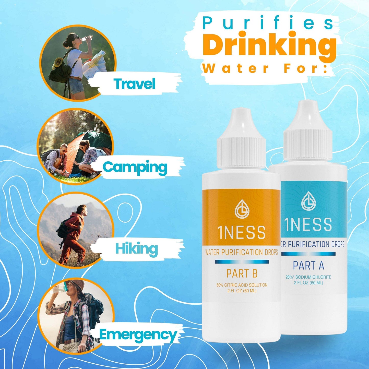 Chlorine Dioxide 2oz Water Purification Kit for travel and emergency use