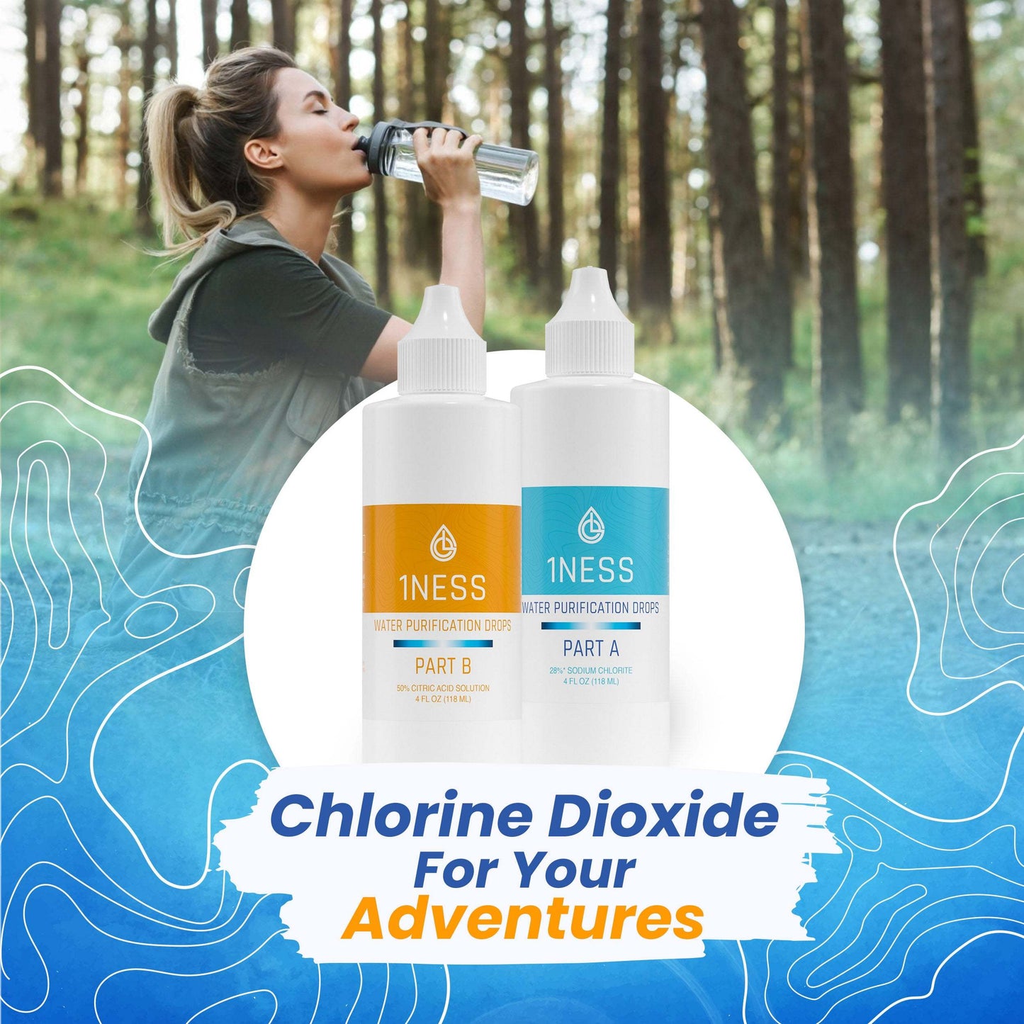 Chlorine Dioxide Water Purification Kit 4oz ideal for camping, hiking, or travel water treatment.