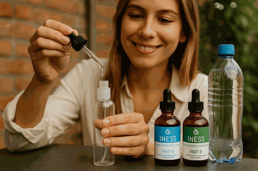 Woman using 1NESS drops to test how long chlorine dioxide last in water.