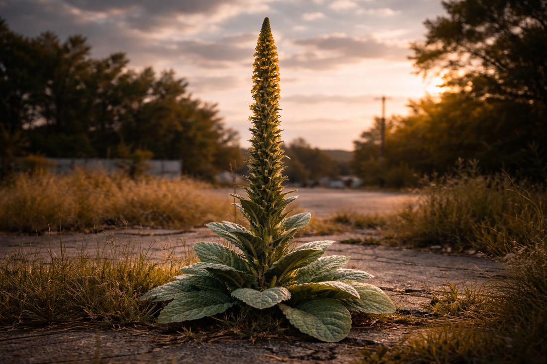 Mullein plant (Verbascum thapsus) growing wild on roadside at sunset showing tall yellow flower stalk and soft gray-green leaves