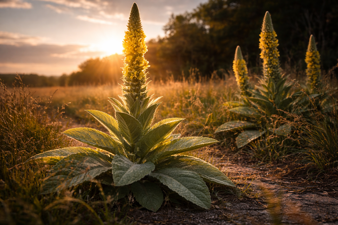 Wild mullein plant (Verbascum thapsus) growing in field at sunset, traditional herb used for lung health and respiratory support