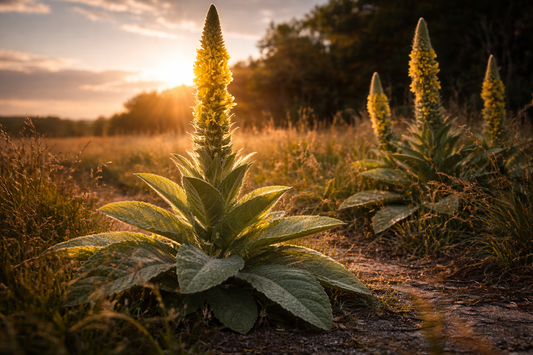 Wild mullein plant (Verbascum thapsus) growing in field at sunset, traditional herb used for lung health and respiratory support