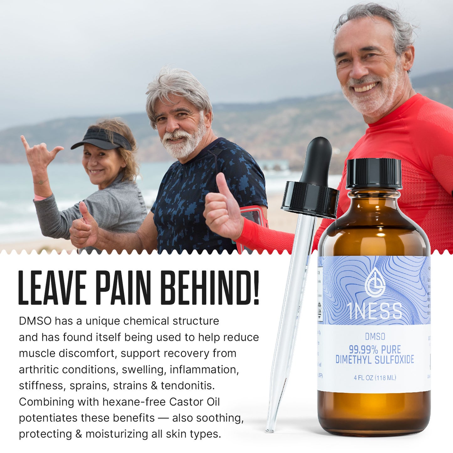 1NESS® Joint & Muscle Comfort Duo — DMSO + Organic Castor Oil Kit.