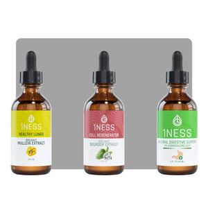 1NESS Healthy Gut-Brain Connection 3-part package with Organic Mullein, Soursop, and Digestive Support Drops in 2oz bottles