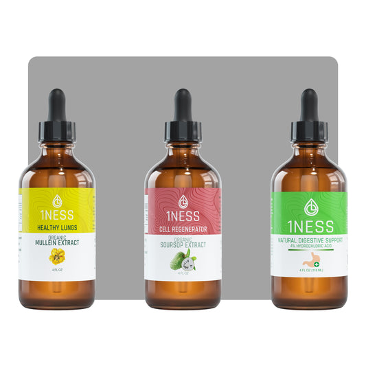 1NESS® Healthy Gut-Brain 3-Part Package – Digestive, Mullein & Soursop Drops (3 x 4oz)