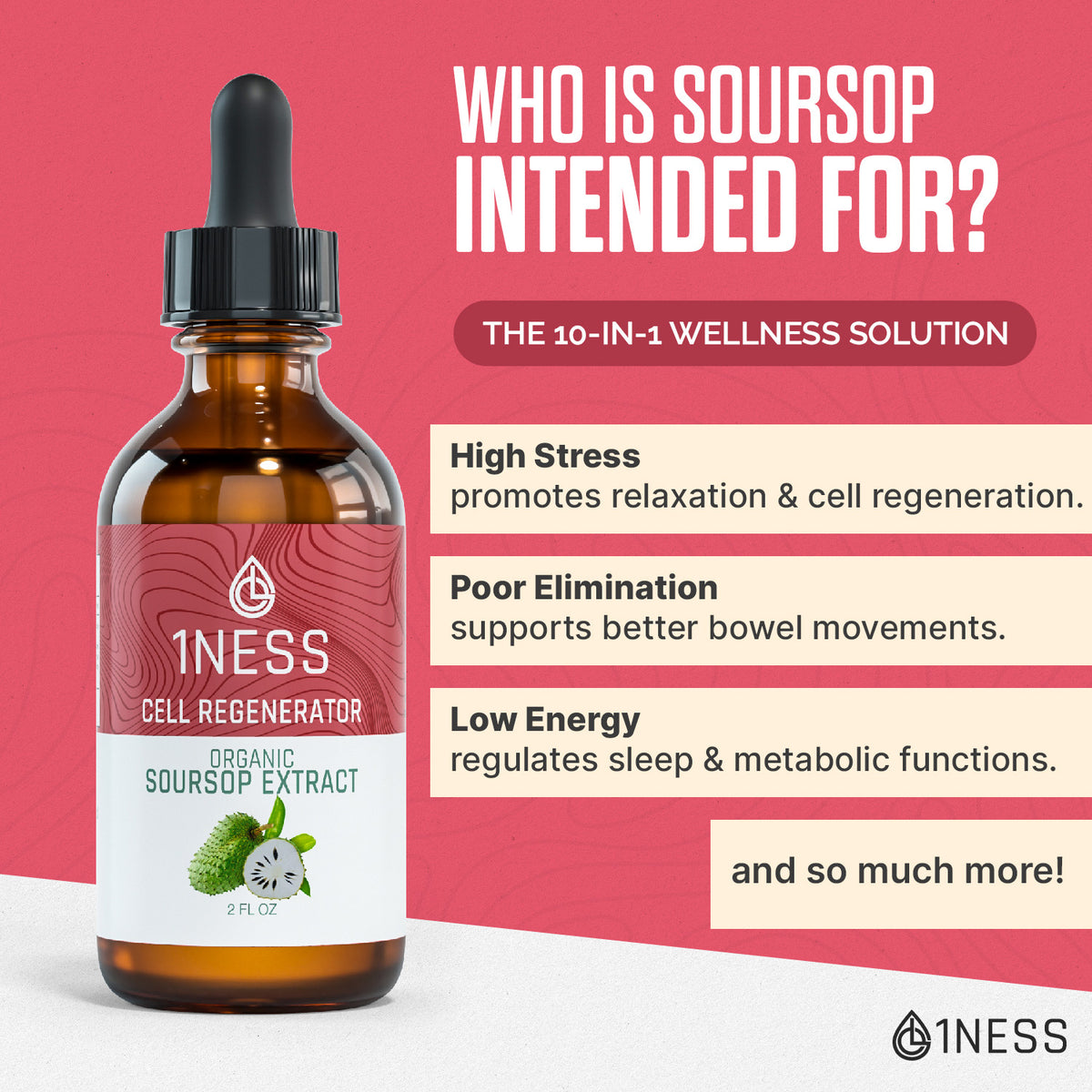 1NESS® Organic Soursop Extract for Cell Regeneration – Graviola Fruit & Leaf Formula (2oz)