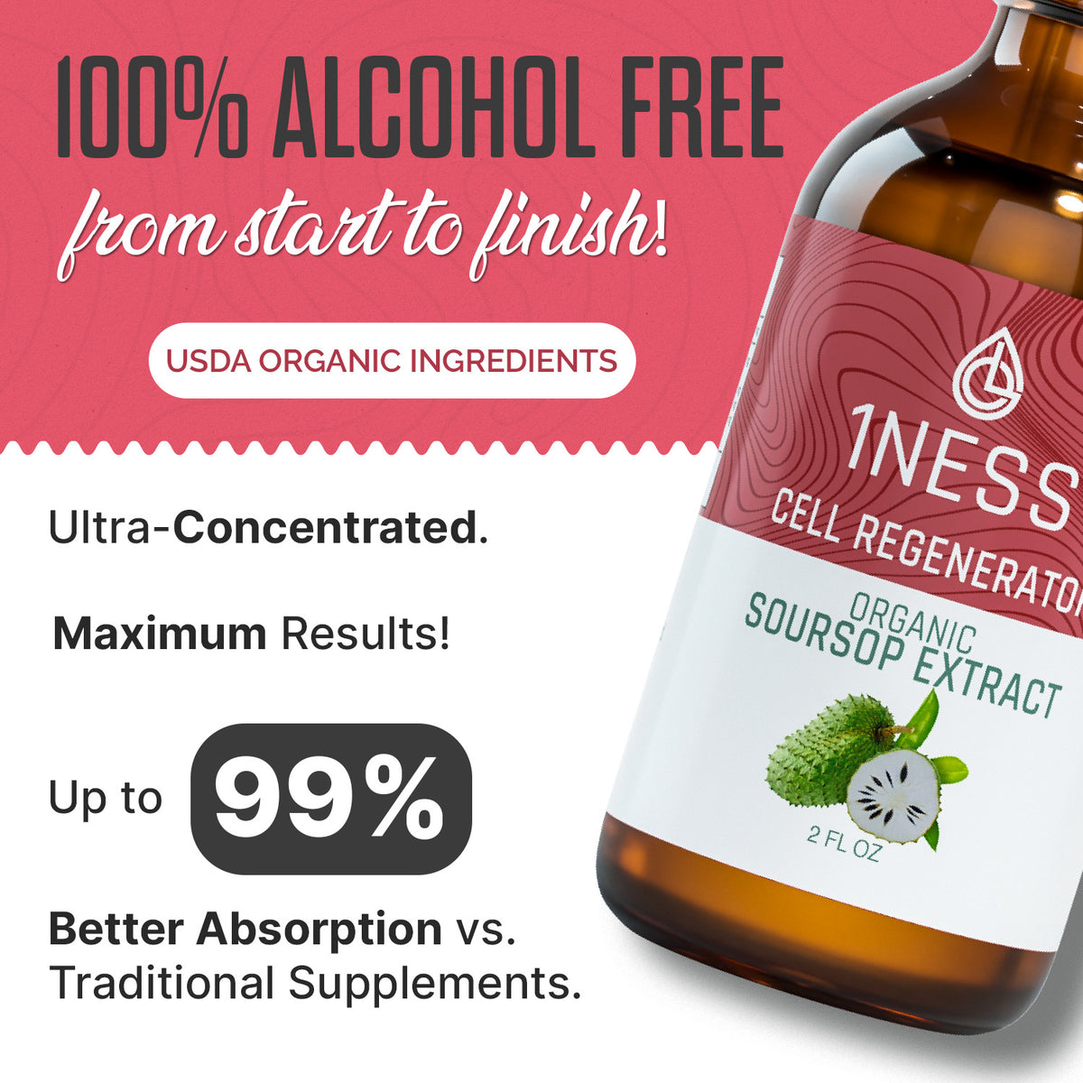 1NESS® Organic Soursop Extract for Cell Regeneration – Graviola Fruit & Leaf Formula (2oz)