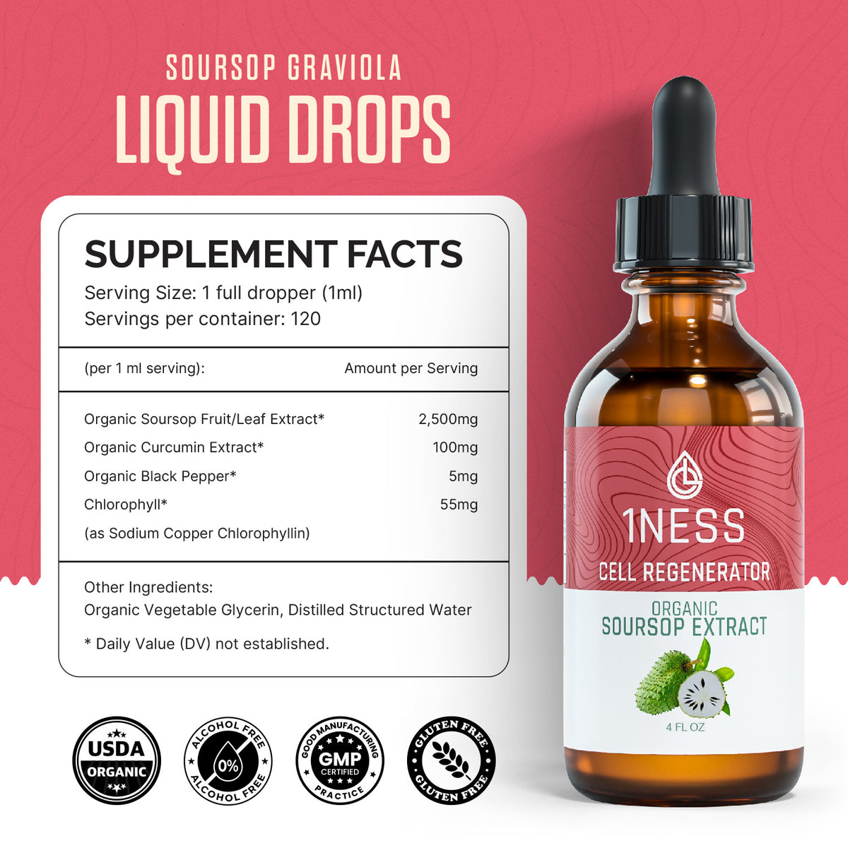 1NESS® Soursop Extract for Cell Regeneration – Graviola Fruit & Leaf Drops (4oz)