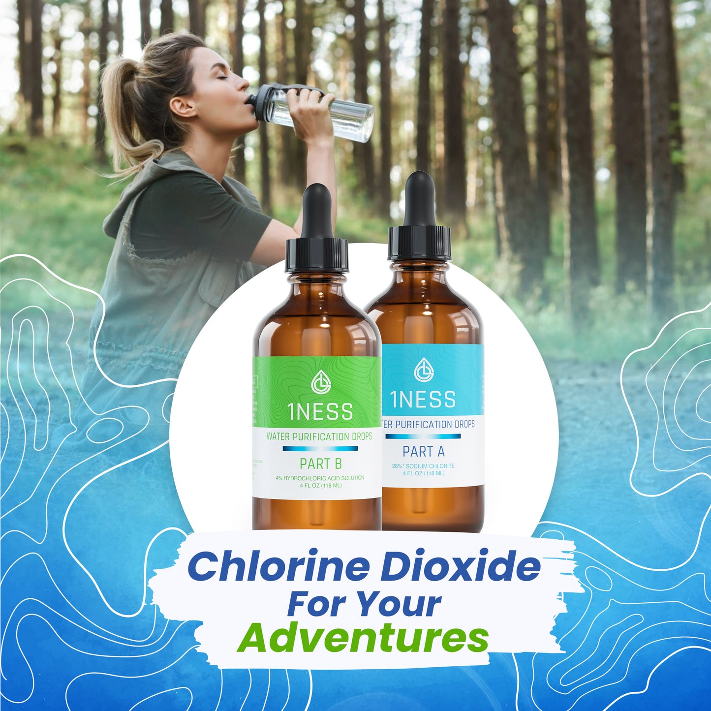 Chlorine Dioxide 4oz Water Purification Kit (Glass Bottles W/ 4% Hydrochloric Acid Activator)