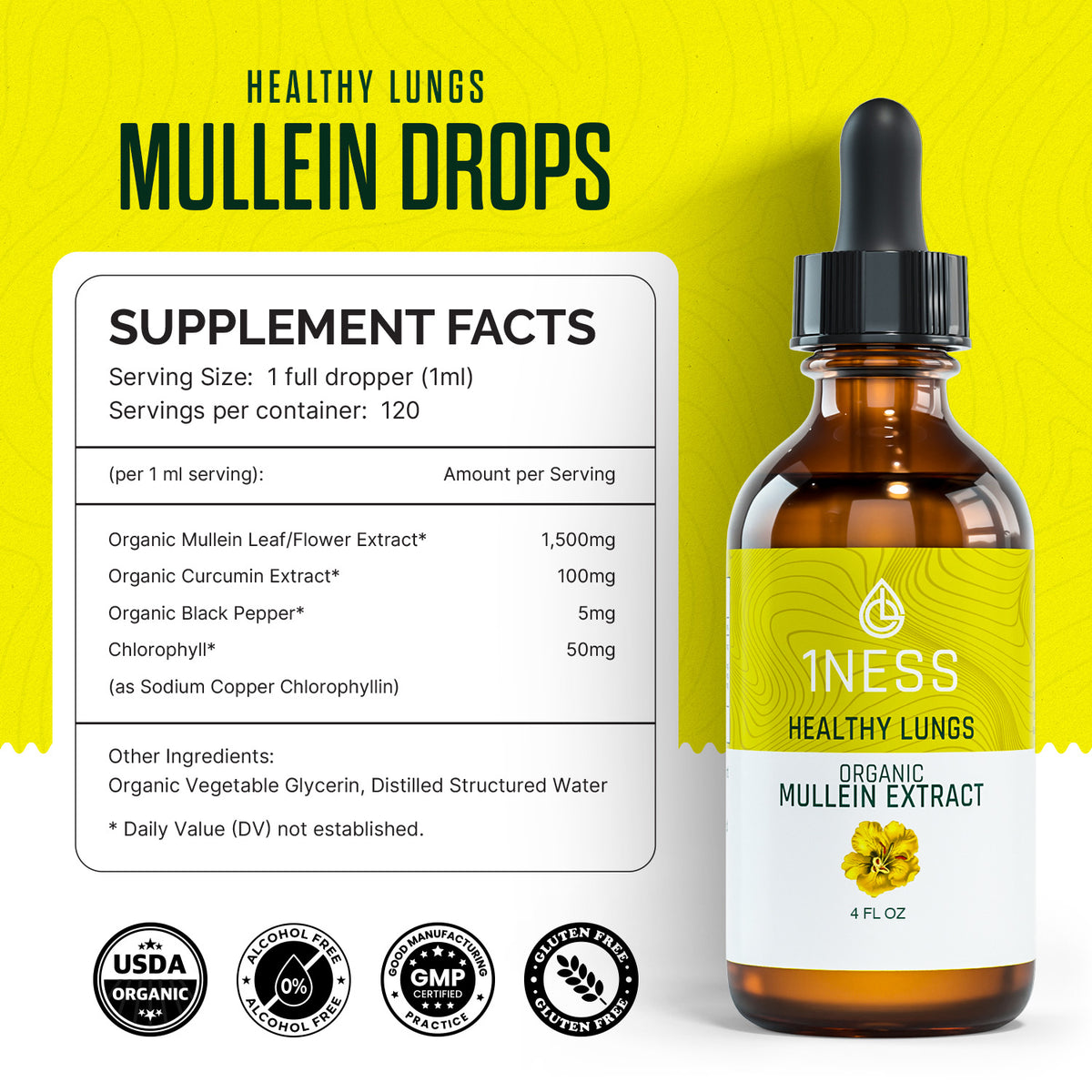1NESS® Mullein Extract for Healthy Lungs – Organic Flower & Leaf Formula (4oz)