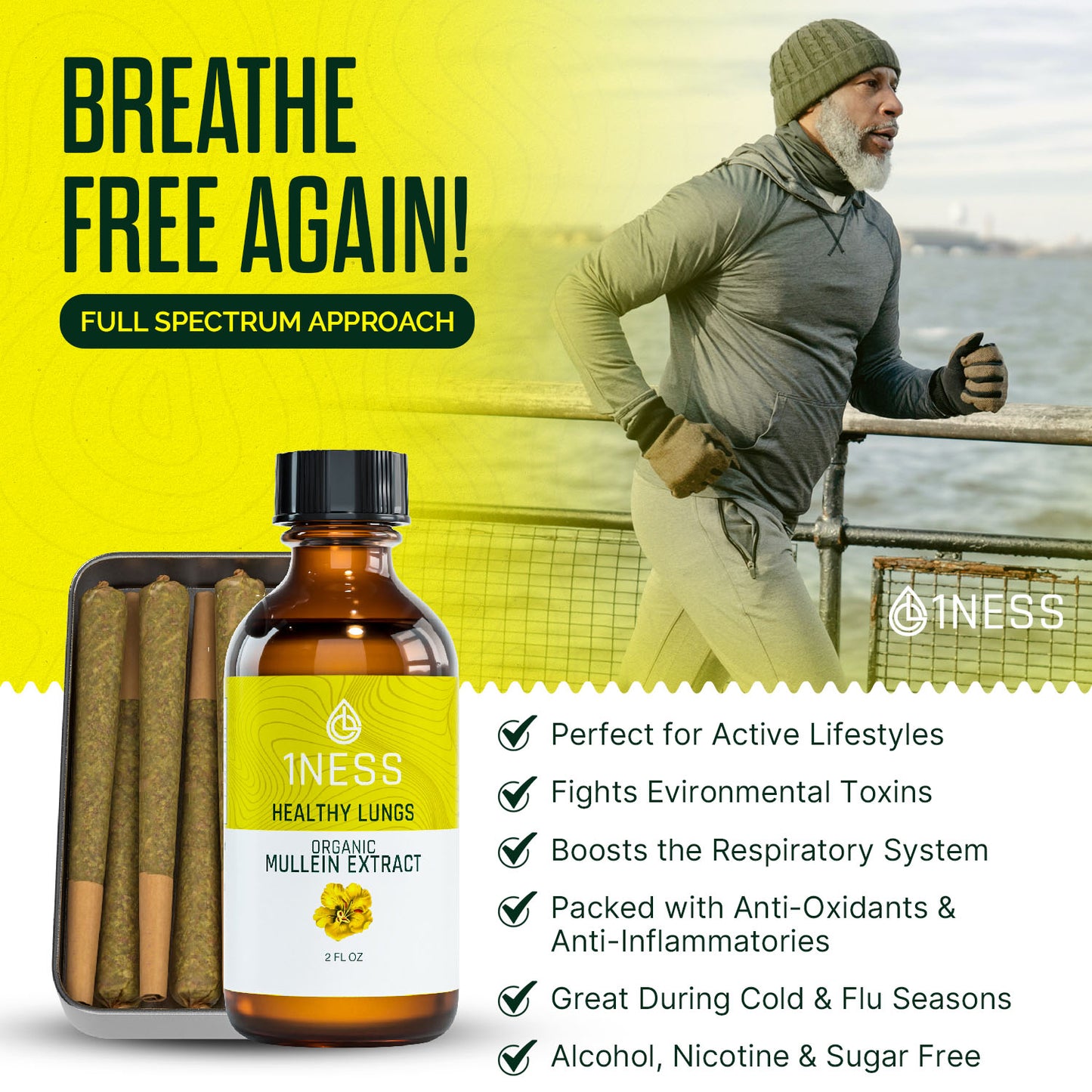 1NESS® Mullein Herbal Super Pack for Lung, Throat & Cough-Mucus Relief (2oz Set)