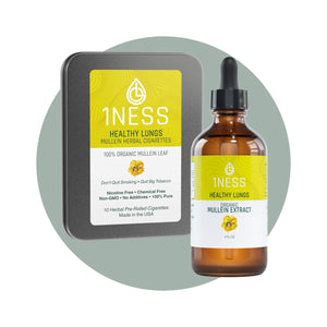 1NESS® Mullein Herbal lung support pack with organic mullein extract and herbal cigarettes for throat and mucus relief